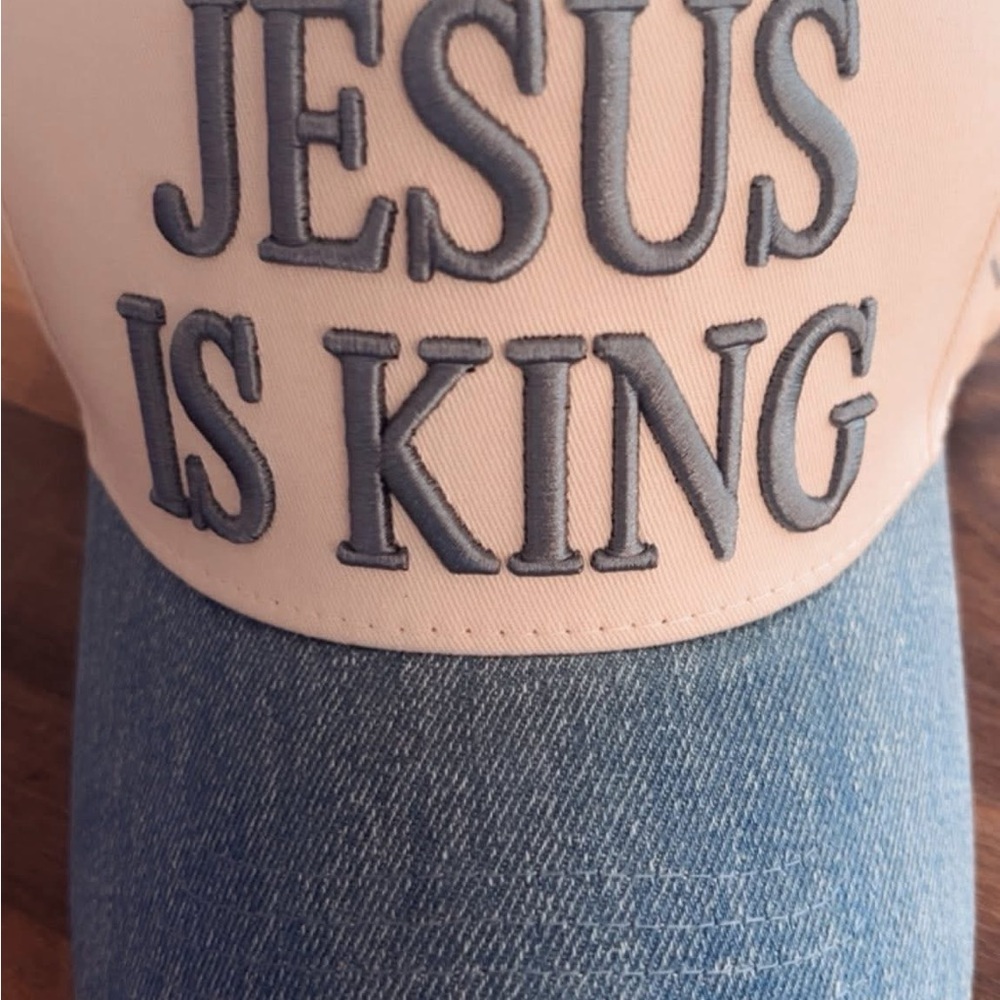 Beige and Blue 'Jesus Is King' Cap